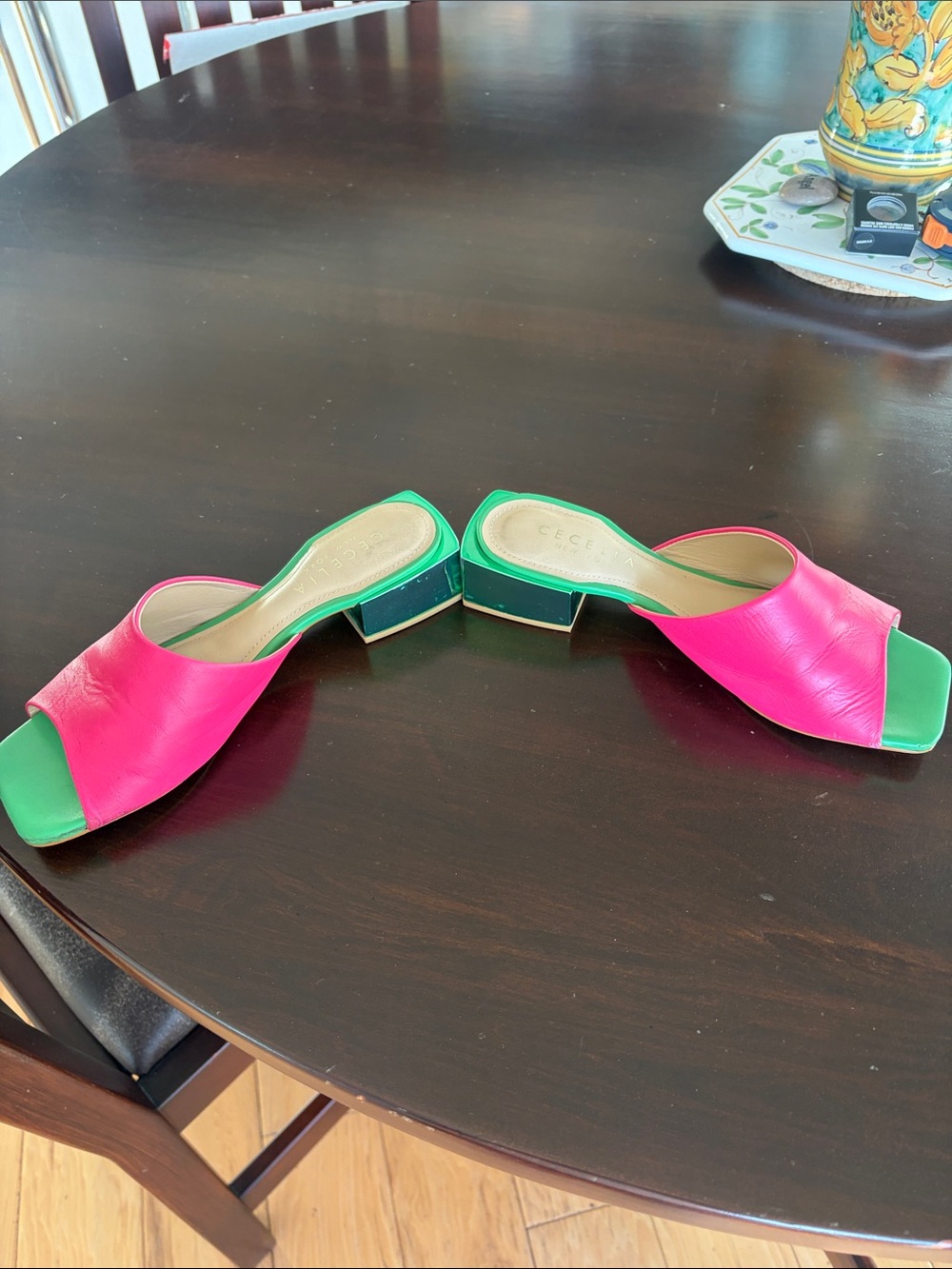 CECELIA NEW YORK Hot Pink and Green Leather Slide Mules - Picture 8 of 9